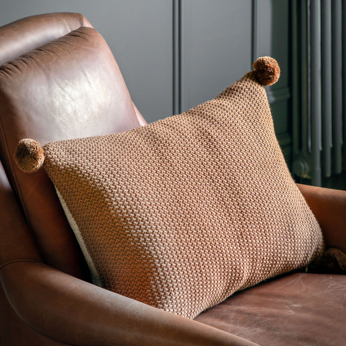 Moss Stitched Pom Pom Cushion Tan