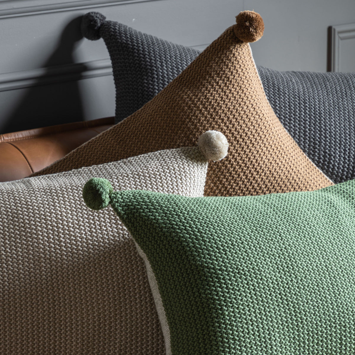 Moss Stitched Pom Pom Cushion Tan