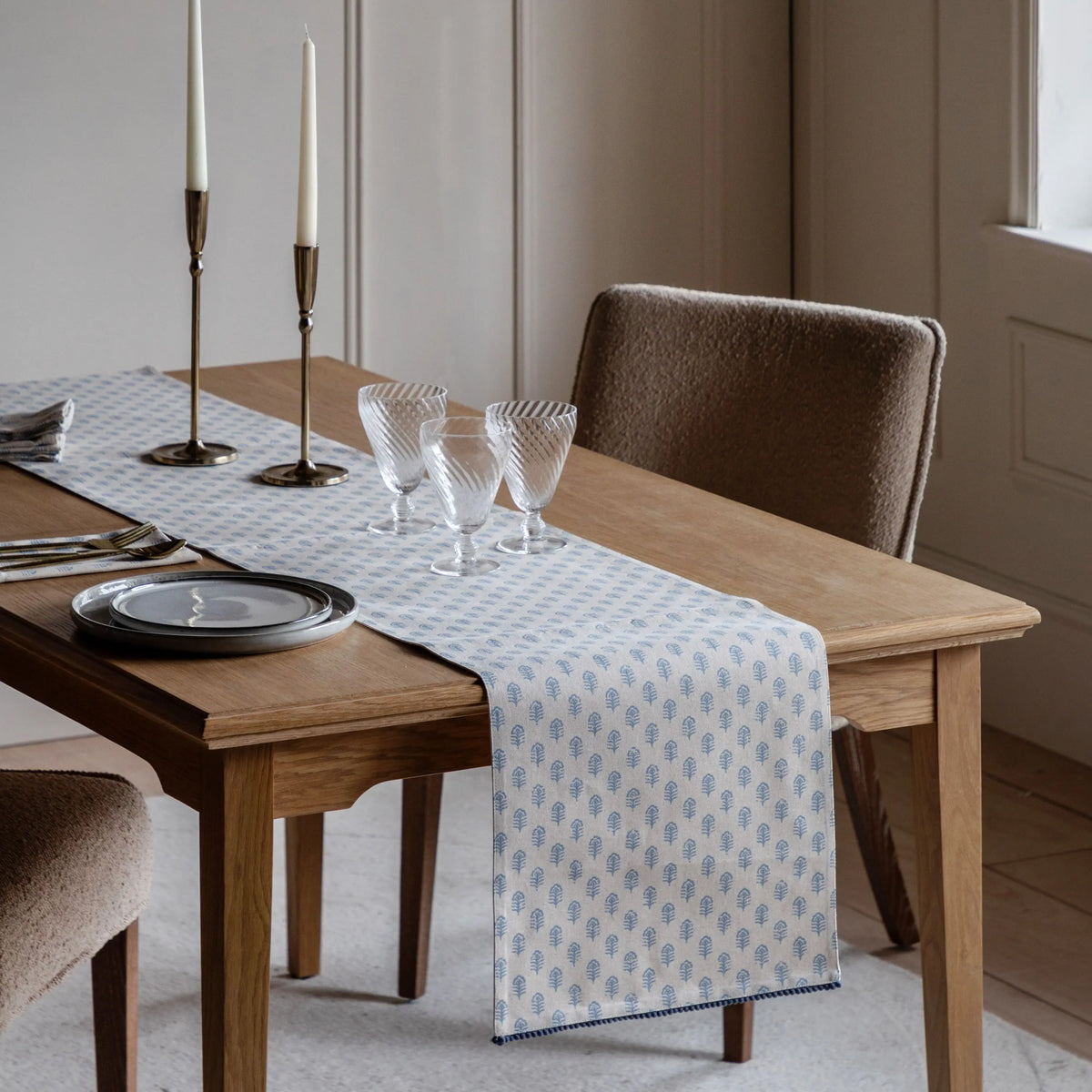 Fleur Floral Stamp Table Runner Blue