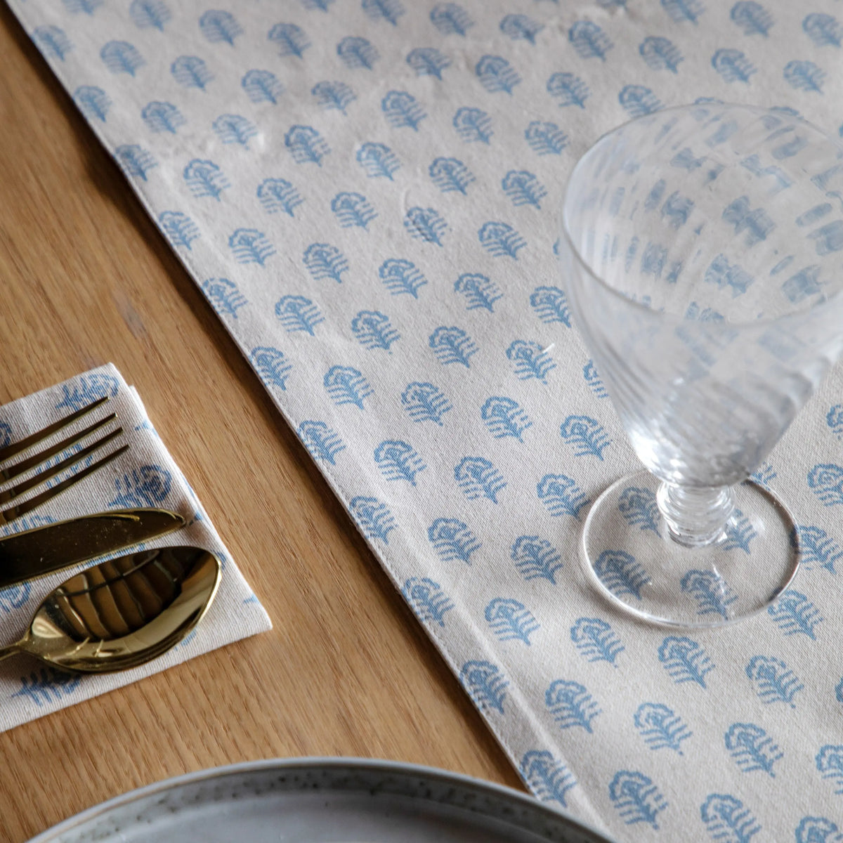 Fleur Floral Stamp Table Runner Blue