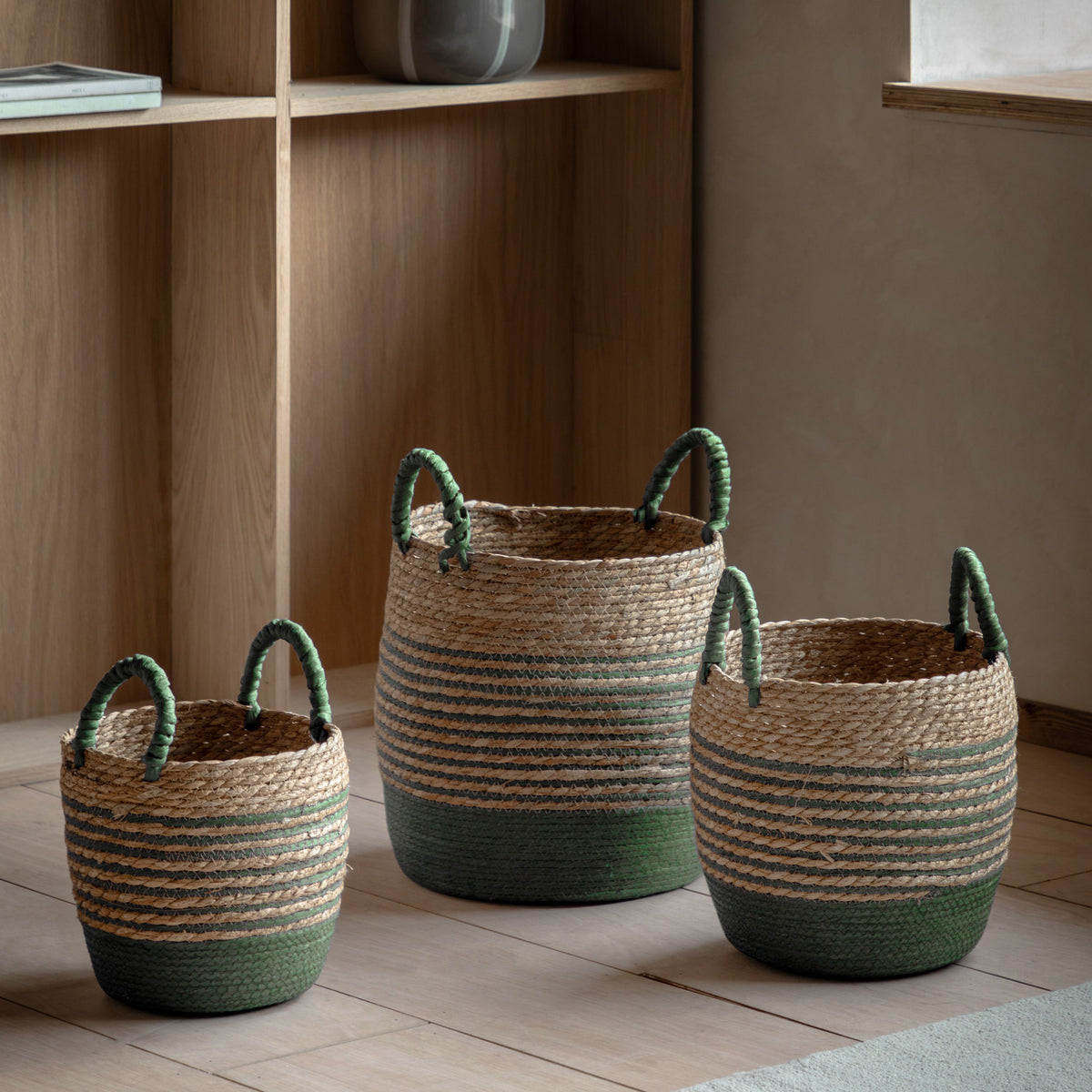 Drift Seagrass Basket Olive Striped Set of 3