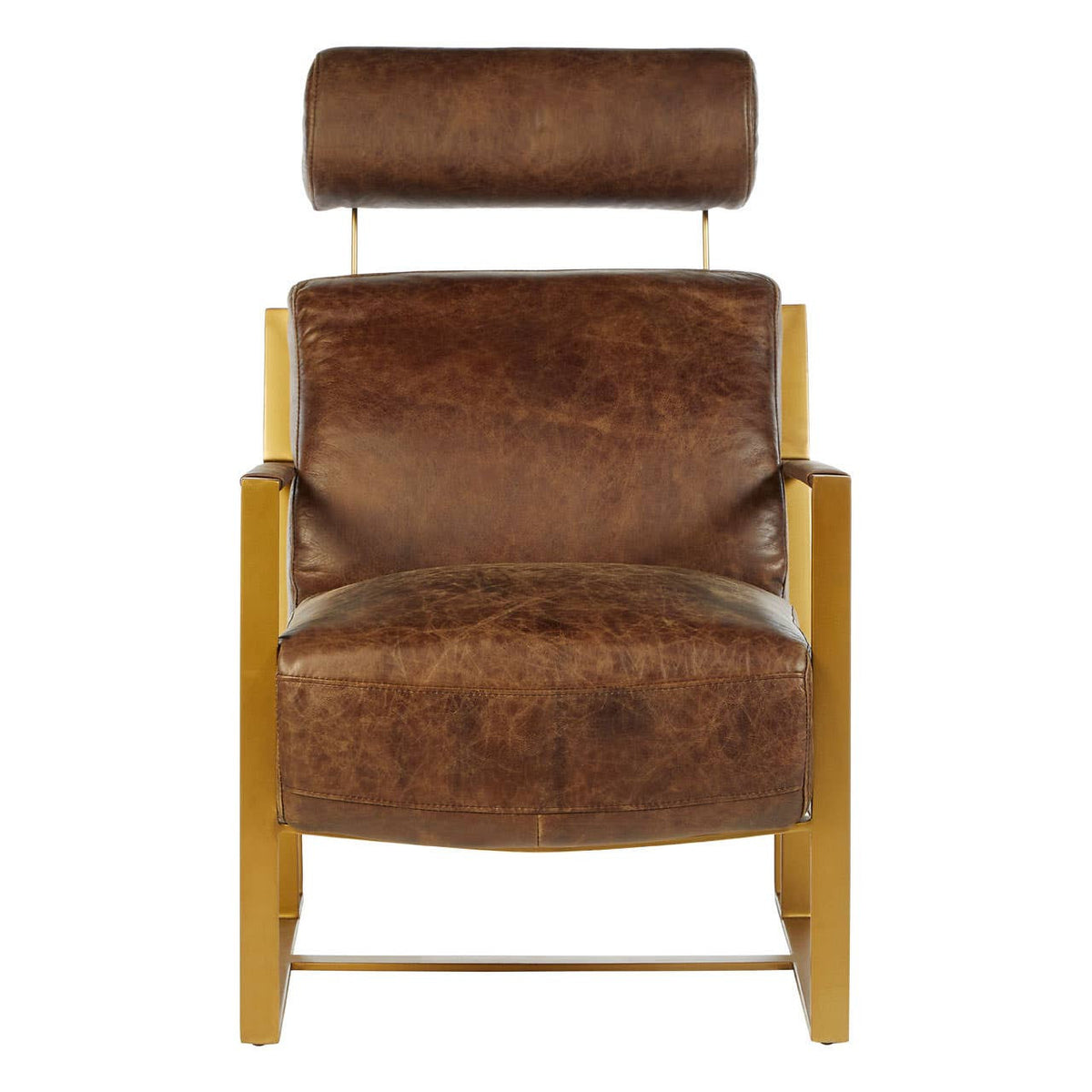 Hoxton Brown Leather Lounge Chair with Rose Gold Iron Frame