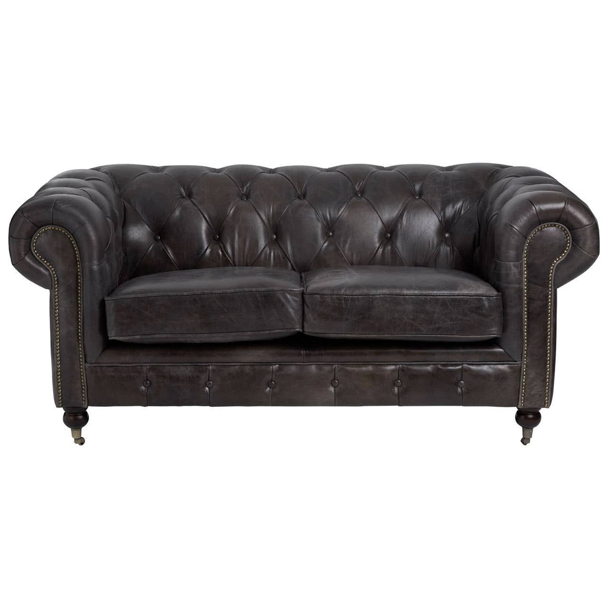 Victor Dark Grey Brown Leather Chesterfield 2 Seat Sofa