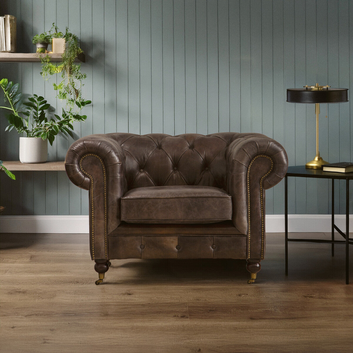 Victor Dark Grey Brown Leather Chesterfield Chair
