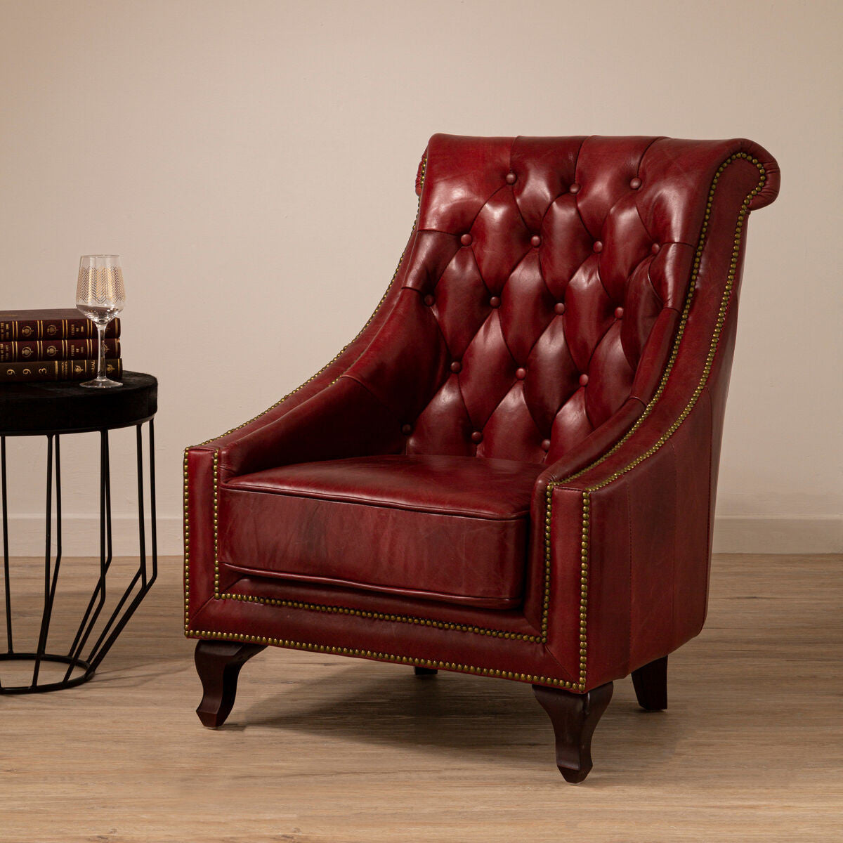 Victor Deep Red Leather Lounge Chair with Tufted Back