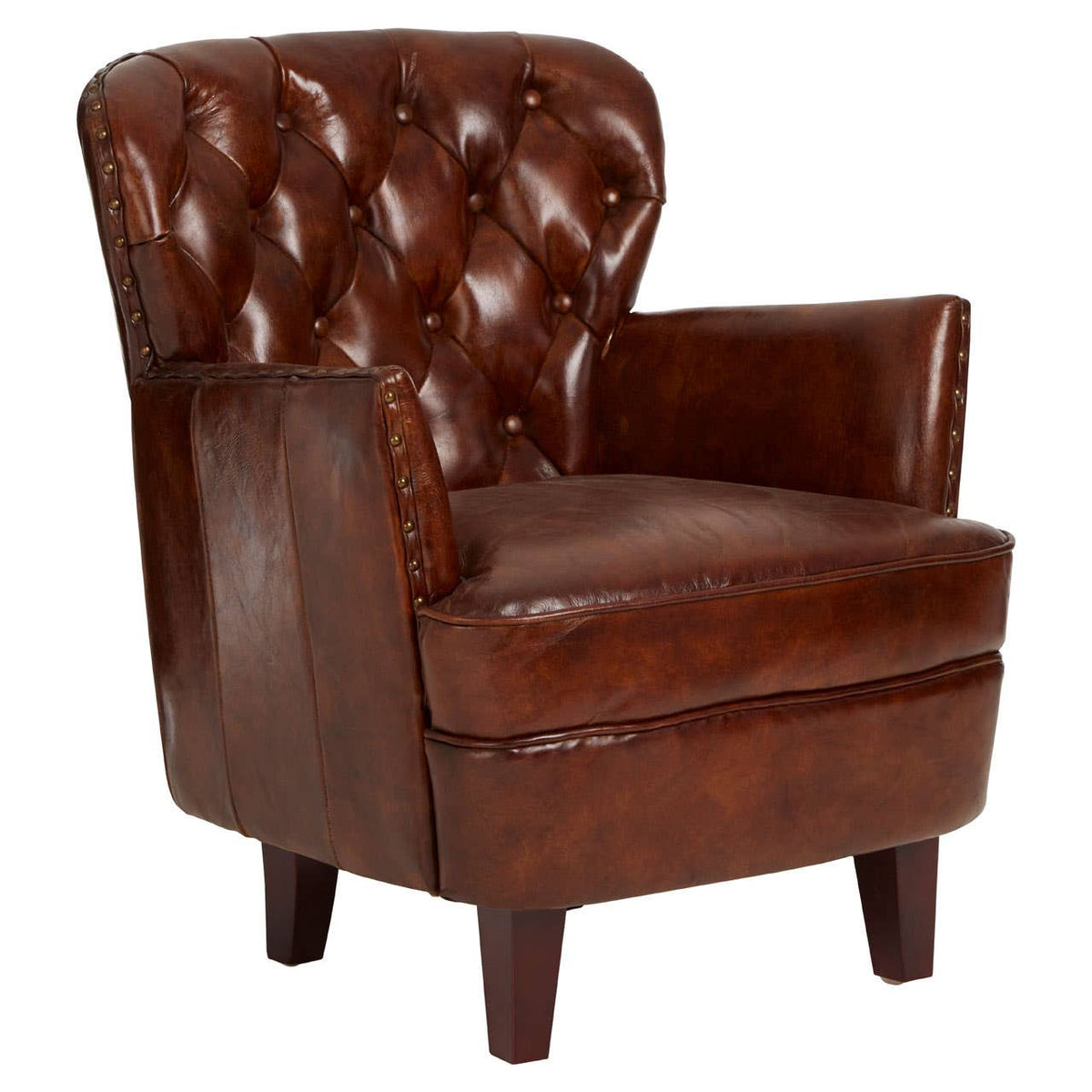 #Victor Brown Leather Armchair with Button Tufted Back