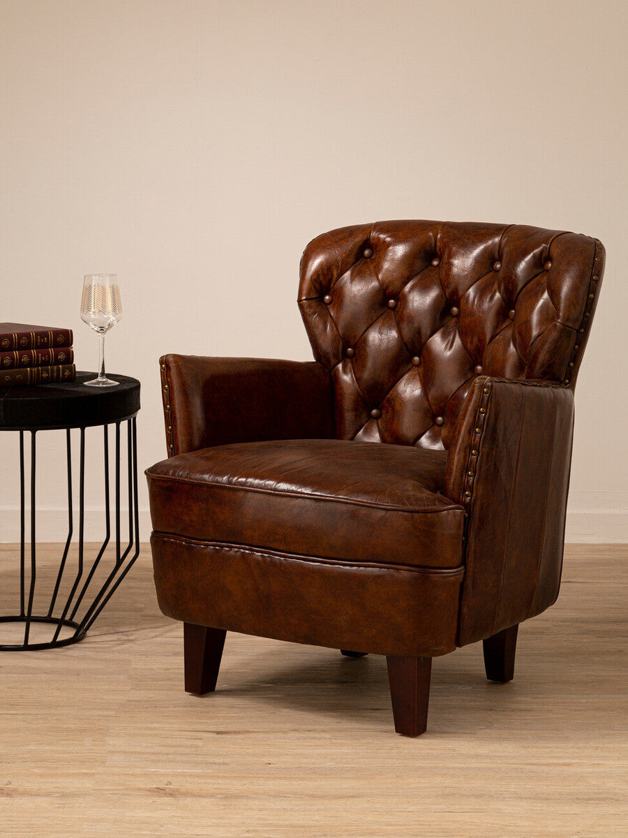 #Victor Brown Leather Armchair with Button Tufted Back