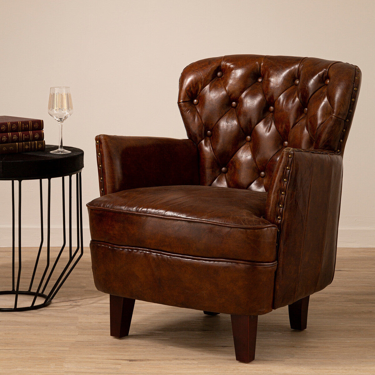 #Victor Brown Leather Armchair with Button Tufted Back