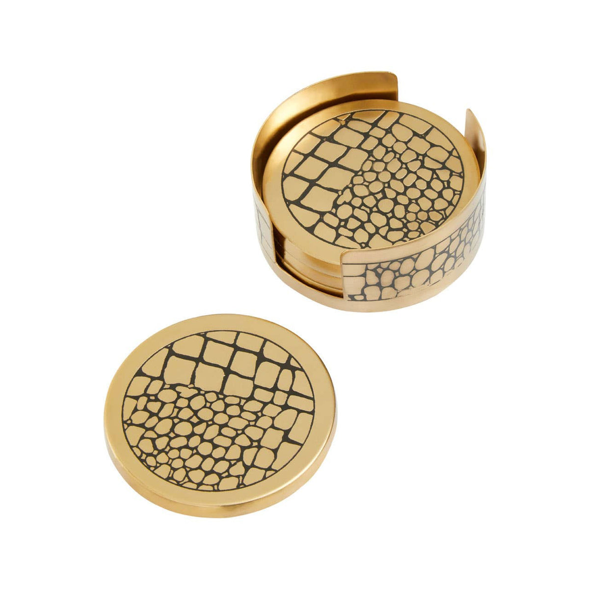 Meko Set of 4 Gold Finish Croc Pattern Coasters And Holder