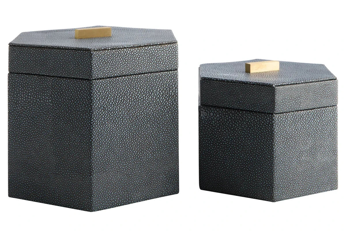 Cardona Set Of Two Hexagonal Blue Shagreen Effect Trinket Boxes