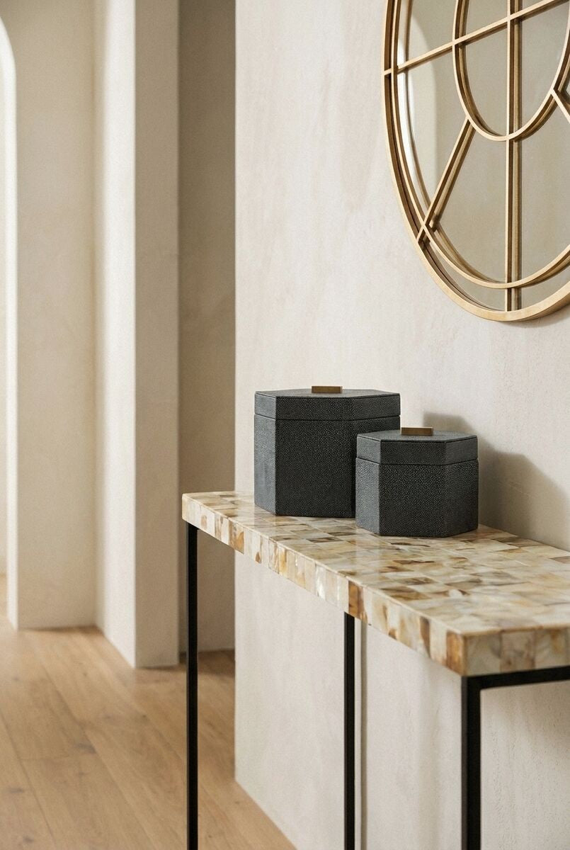 Cardona Set Of Two Hexagonal Blue Shagreen Effect Trinket Boxes