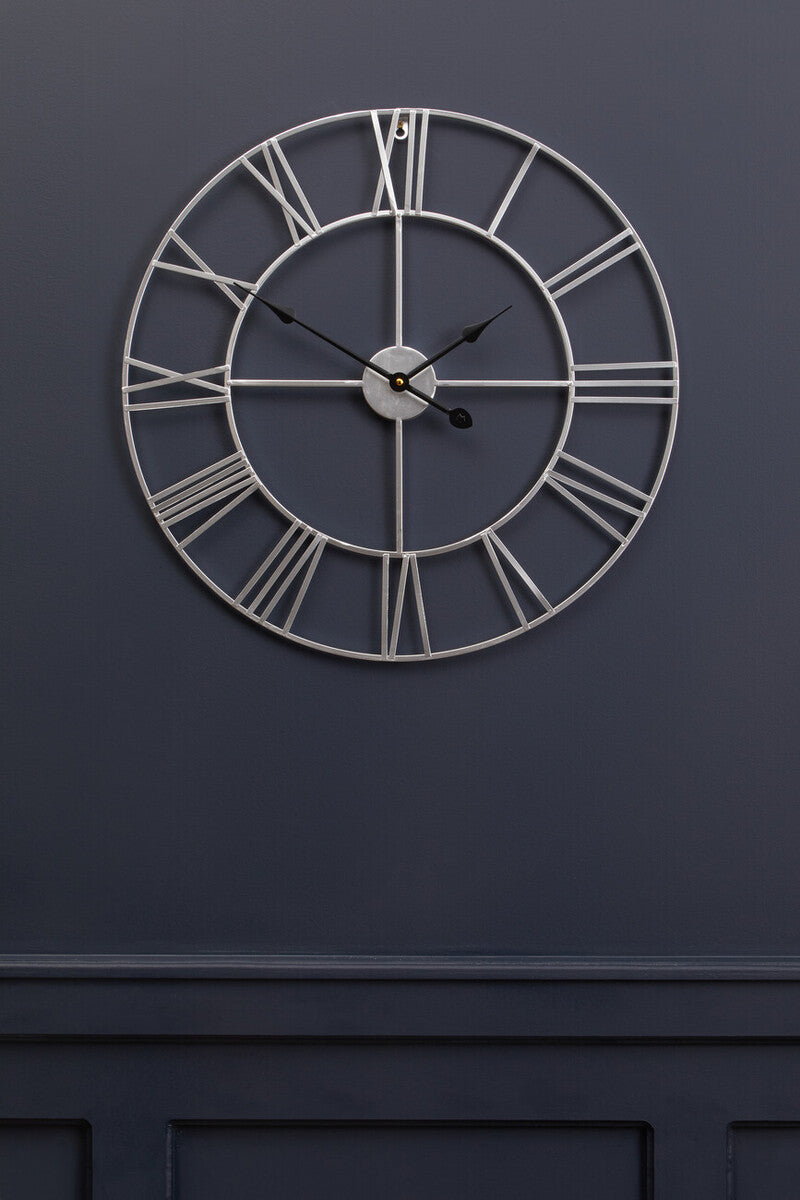 Genova 60cm Dia Silver Metal Roman Numeral Wall Clock