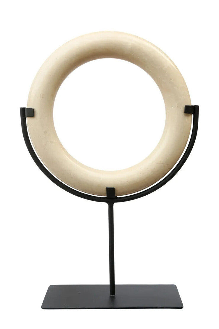 Zoro Cream Marble Ring Sculpture on Metal Stand