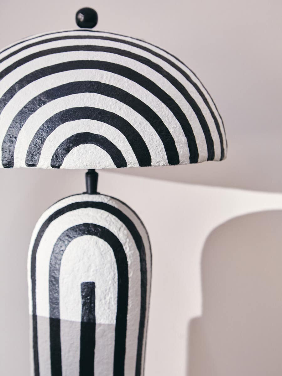 Carta Black and White Stripe Papier Mache Table Lamp with Dome Shade