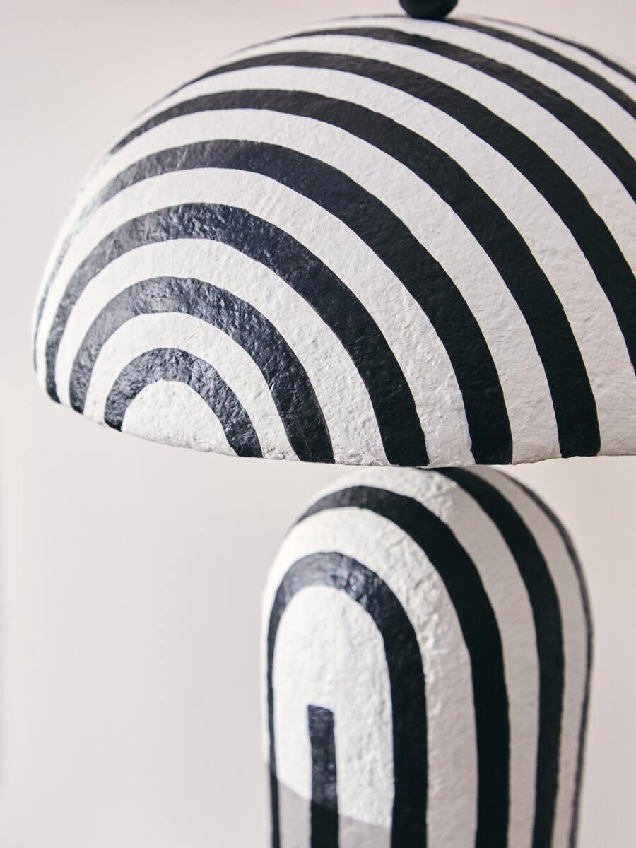 Carta Black and White Stripe Papier Mache Table Lamp with Dome Shade