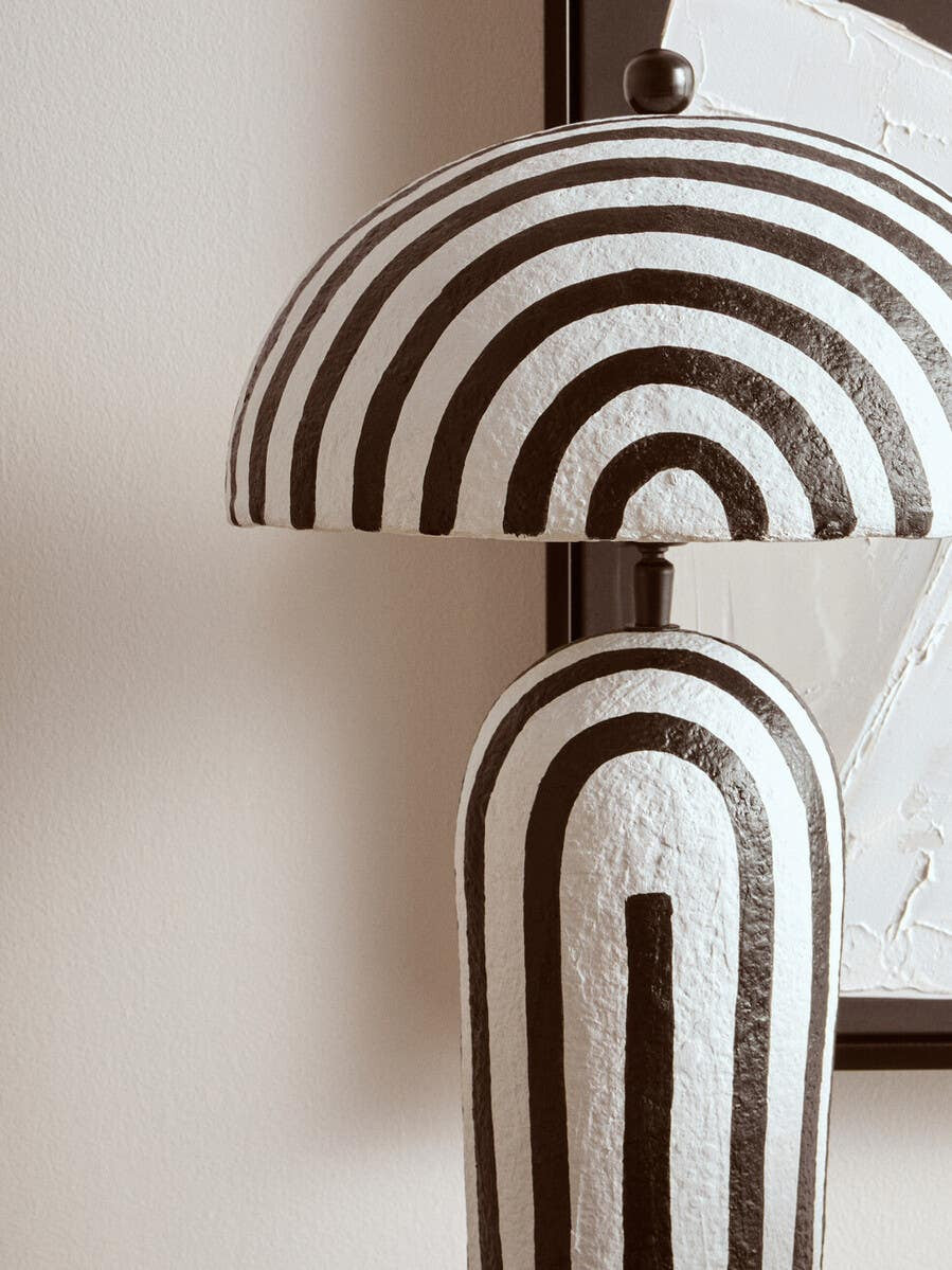 Carta Black and White Stripe Papier Mache Table Lamp with Dome Shade