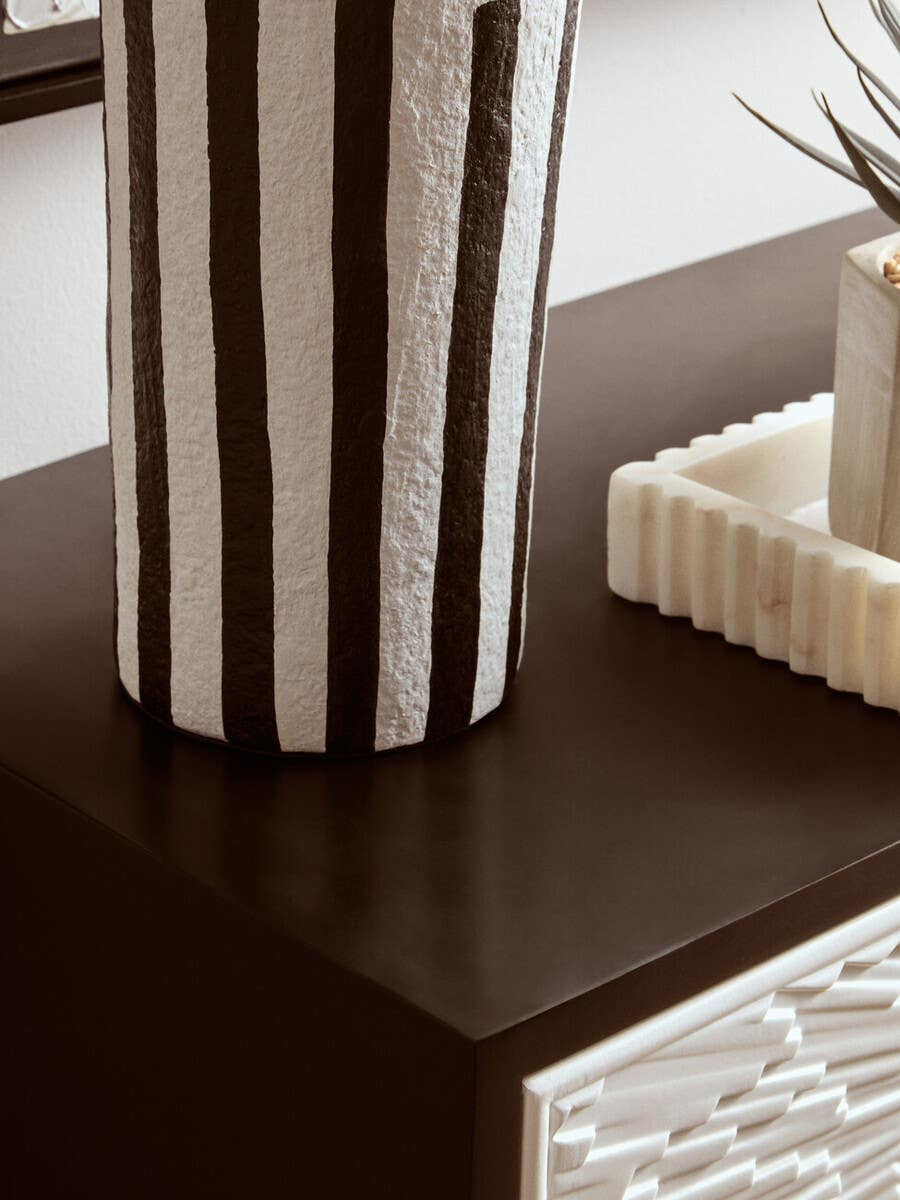 Carta Black and White Stripe Papier Mache Table Lamp with Dome Shade