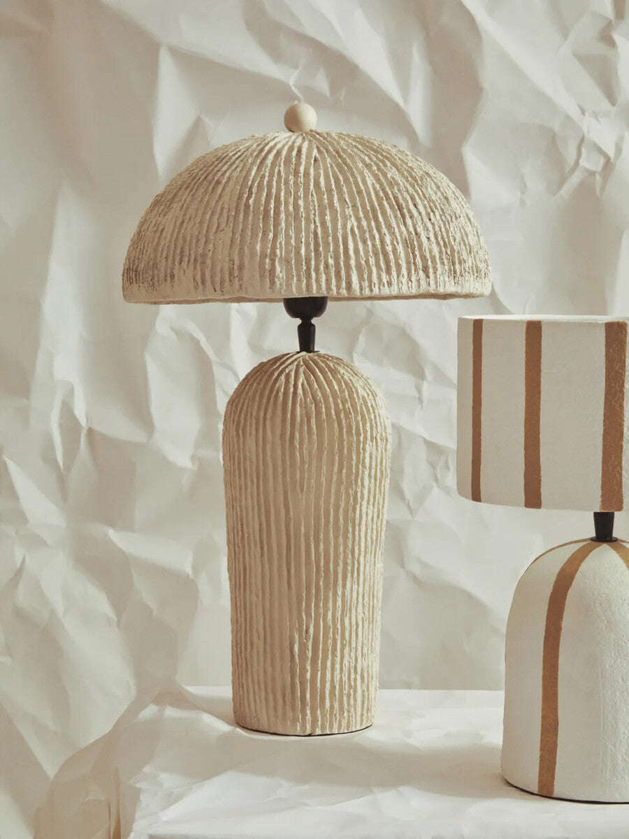 Carta Oatmeal Etched Linear Design Papier Mache Domed Table Lamp