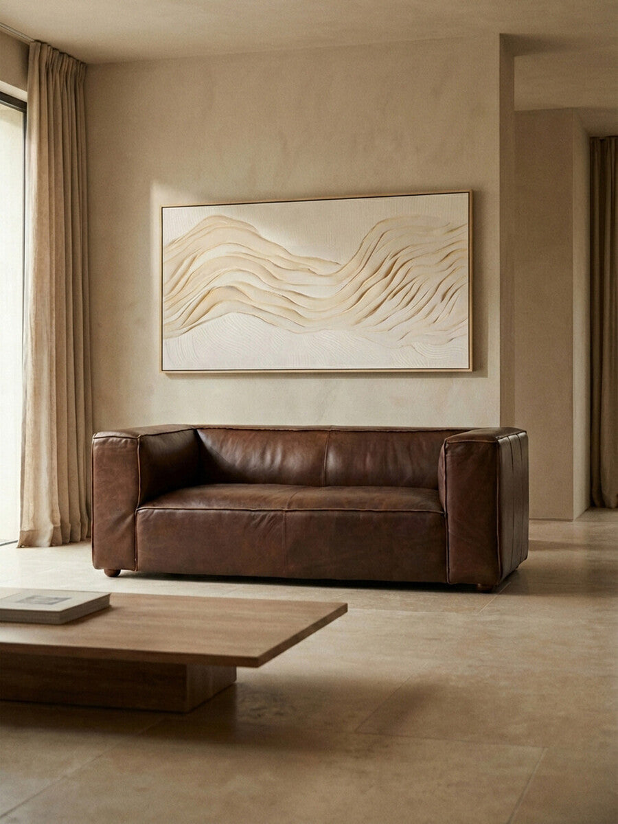 King Two Seater Antique Brown Leather Sofa