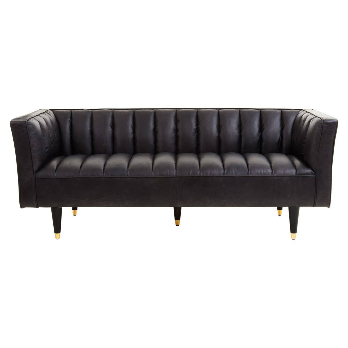 King Three Seater Black Leather Sofa With Flared Arms