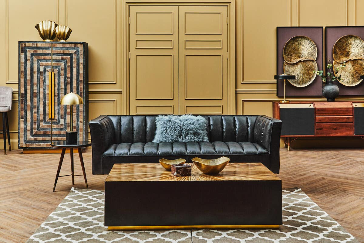 King Three Seater Black Leather Sofa With Flared Arms