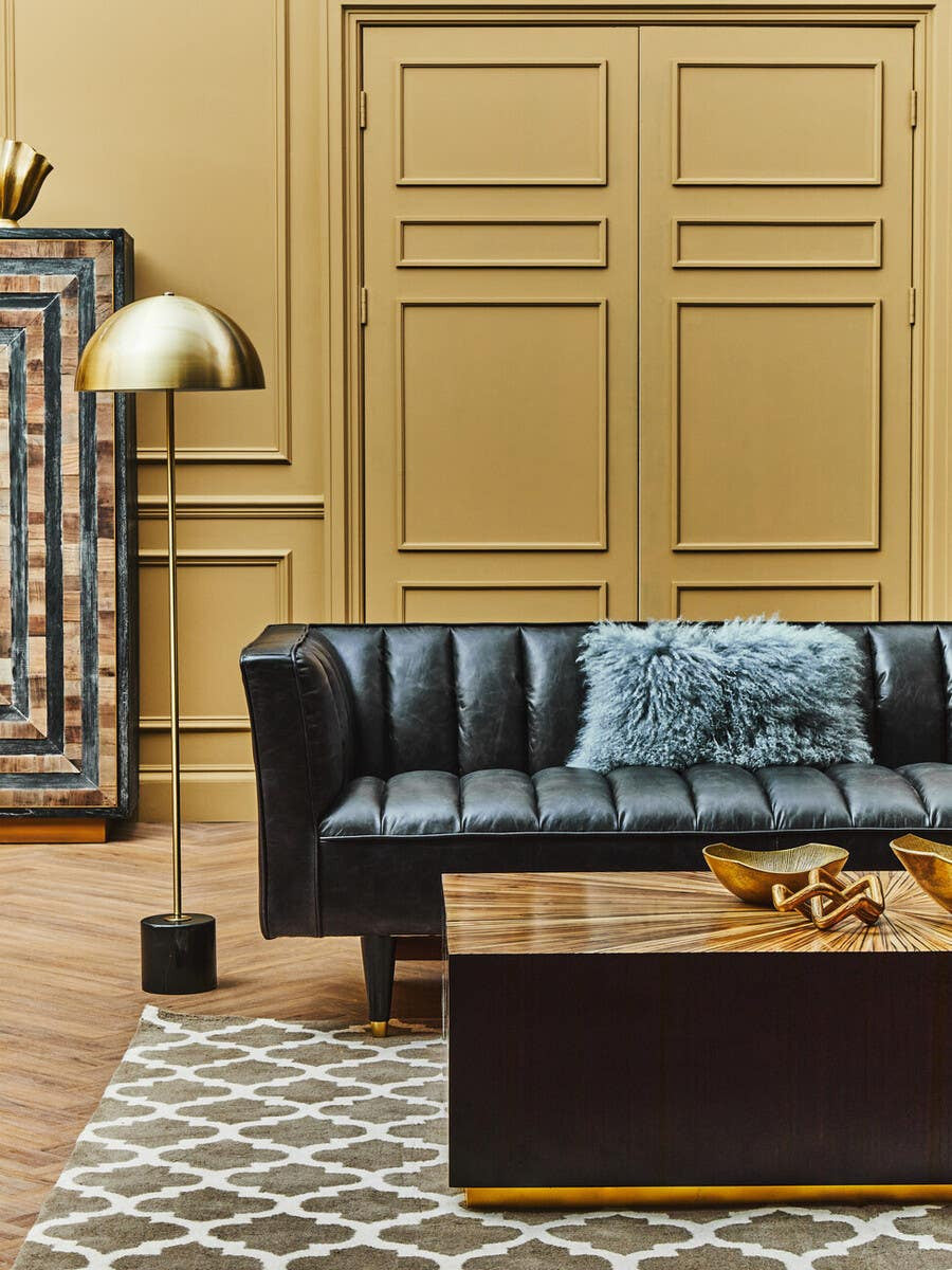 King Three Seater Black Leather Sofa With Flared Arms