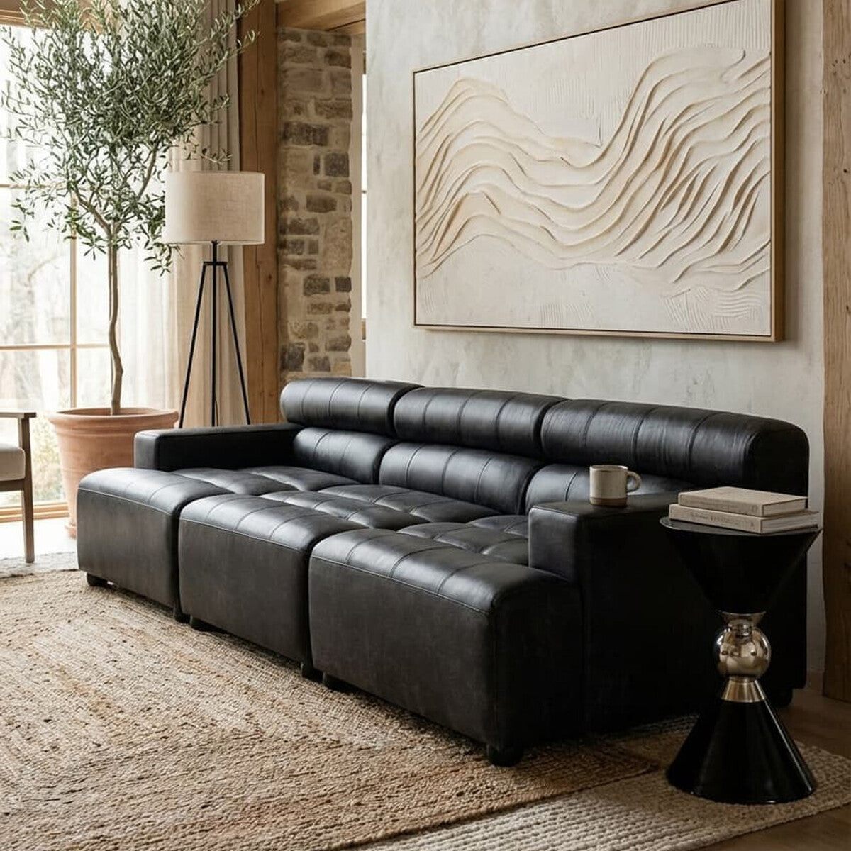 King Right Arm Antique Black Leather Modular Sofa