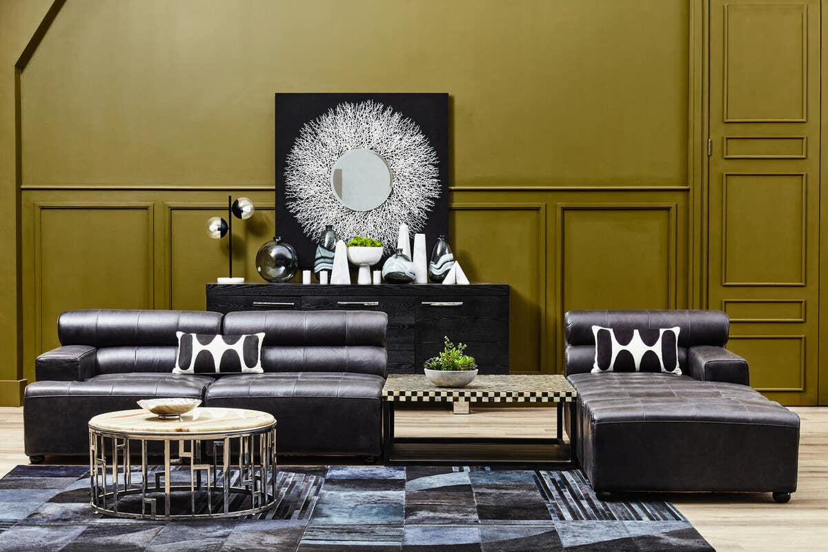 King Antique Black Right Arm Leather Modular Chaise Sofa