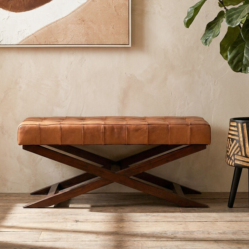 Inca Brown Leather Bench with Cedarwood Base