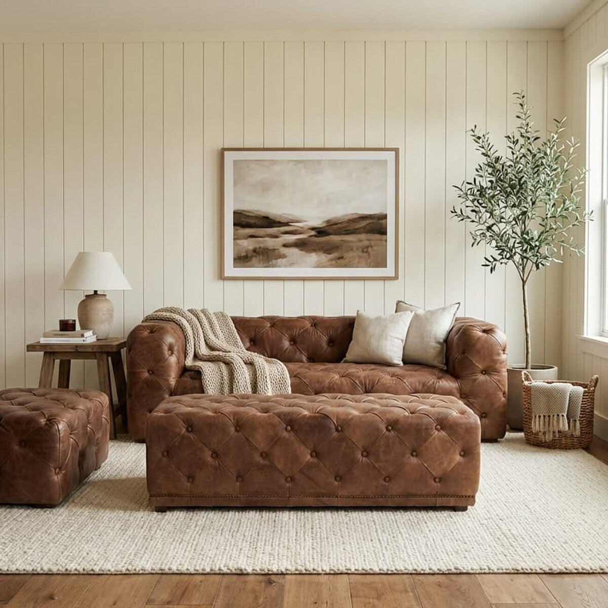 Hoxton Brown Leather Rectangle Chesterfield Ottoman