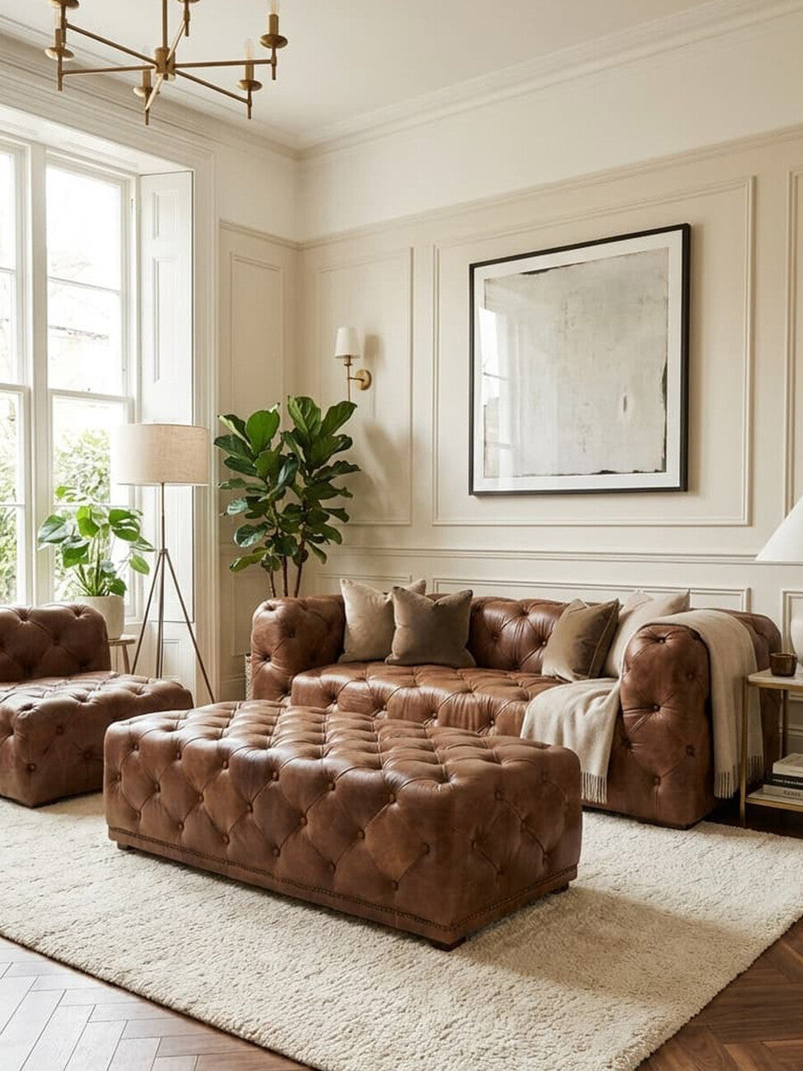 Hoxton Brown Leather Rectangle Chesterfield Ottoman