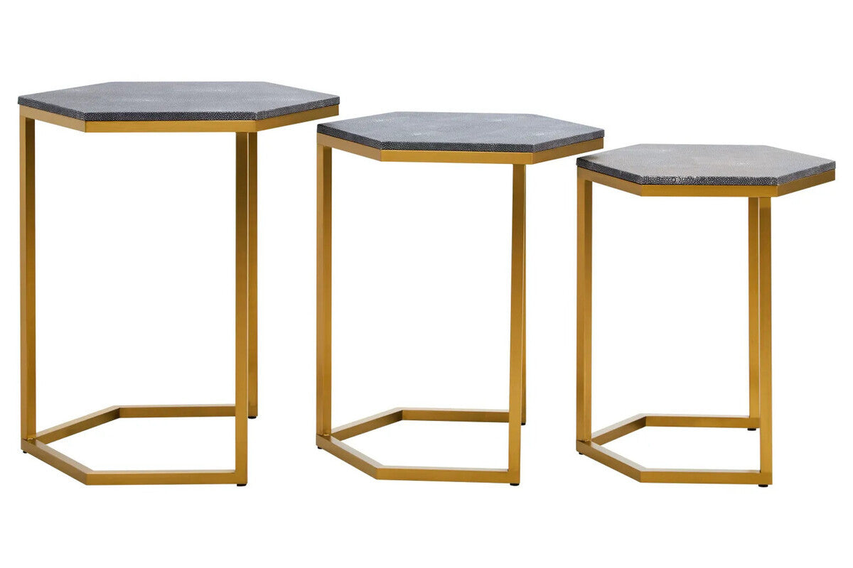 Cardona Nest of Three Hexagonal Blue Shagreen Effect Tables