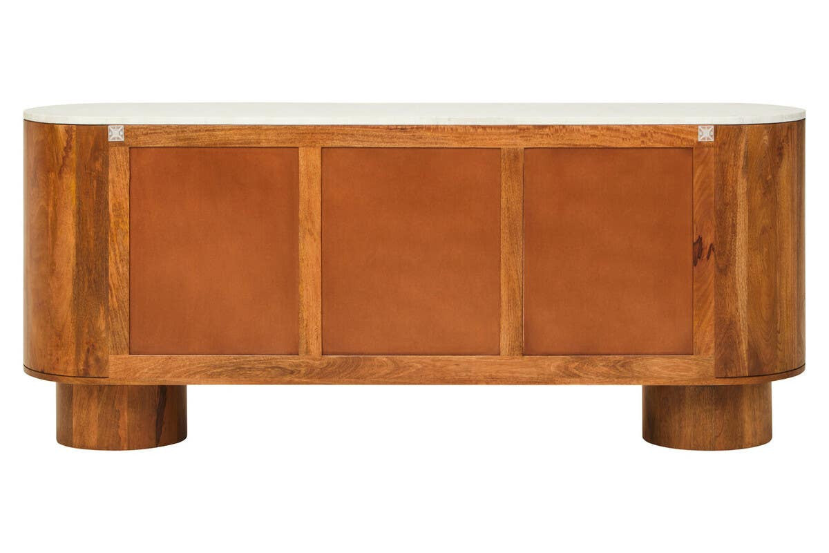 Torcino Mango Wood Carved Design Marble Top Three Door Sideboard