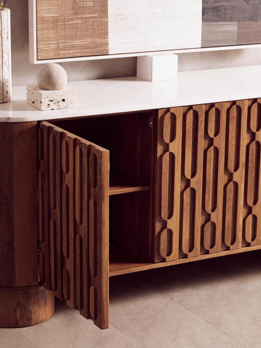 Torcino Mango Wood Carved Design Marble Top Three Door Sideboard