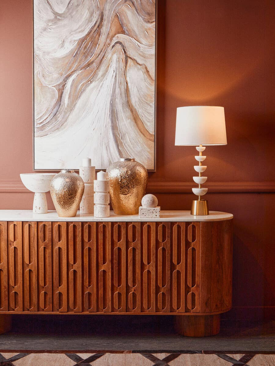 Torcino Mango Wood Carved Design Marble Top Three Door Sideboard