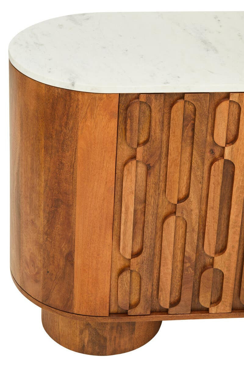 Torcino Mango Wood Carved Design Marble Top Three Door Sideboard