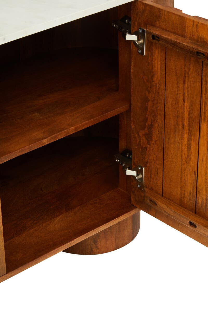 Torcino Mango Wood Carved Design Marble Top Three Door Sideboard