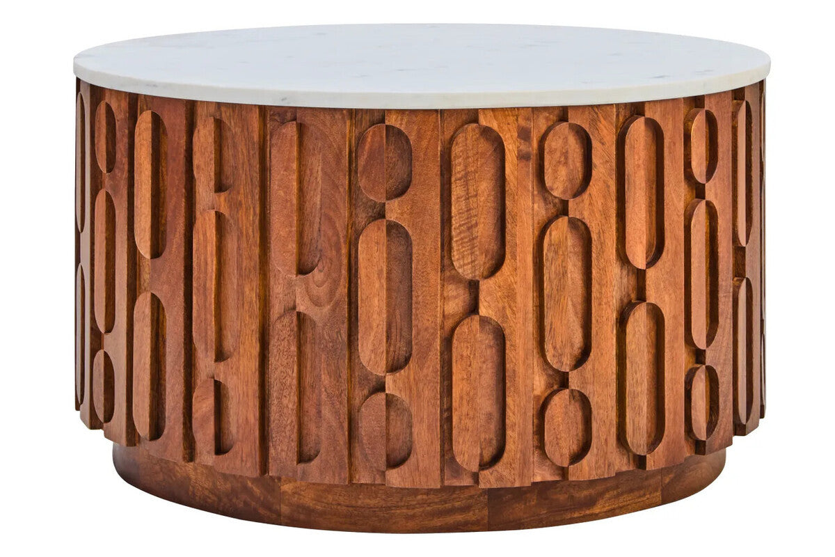 Torcino Marble and Carved Mango Wood Round Coffee Table