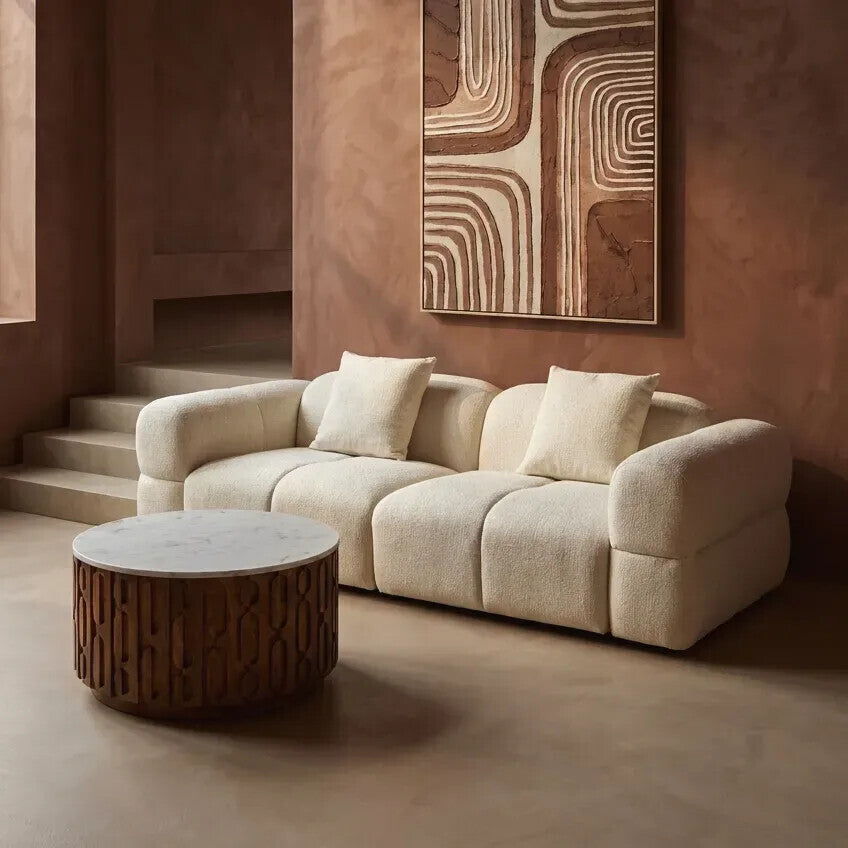 Torcino Marble and Carved Mango Wood Round Coffee Table