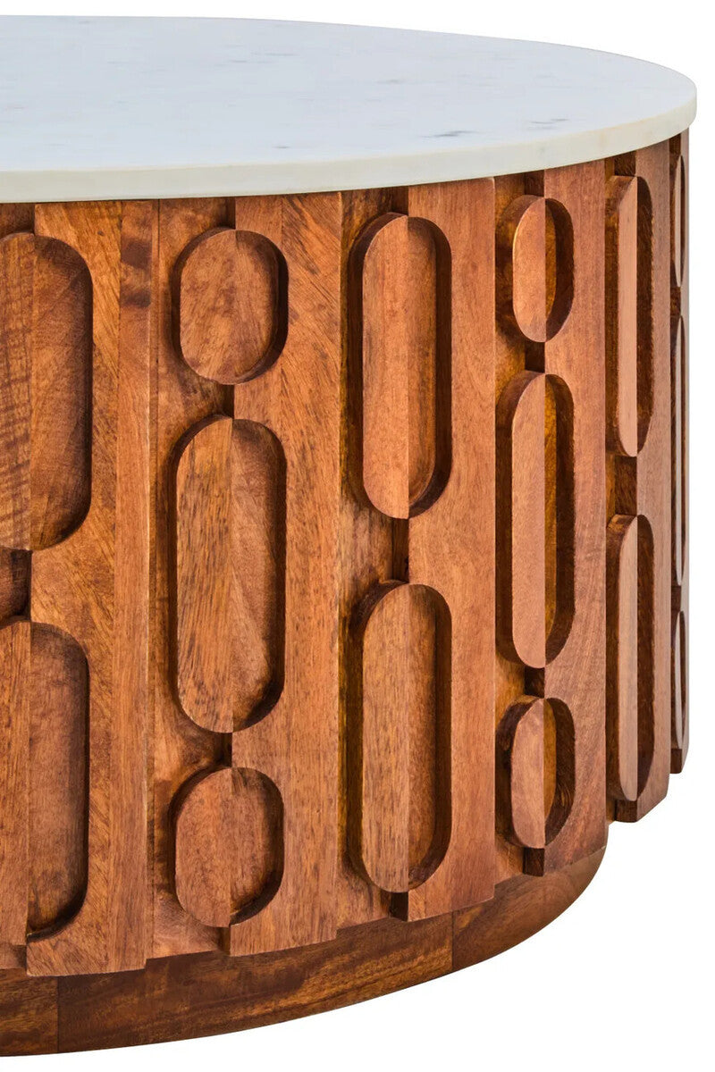 Torcino Marble and Carved Mango Wood Round Coffee Table