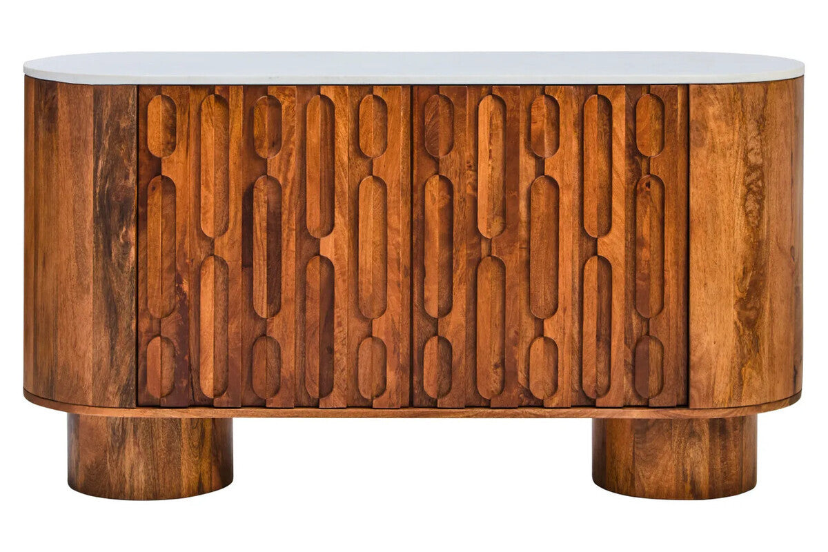 Torcino Marble and Carved Mango Wood Two Door Sideboard