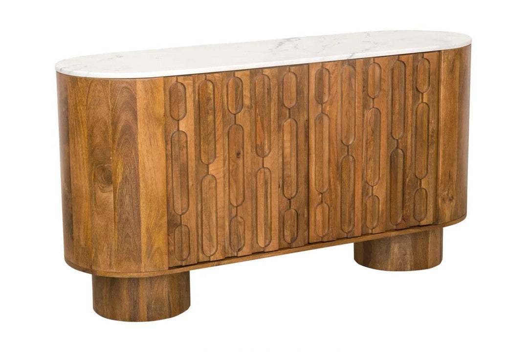 Torcino Marble and Carved Mango Wood  Two Door Sideboard
