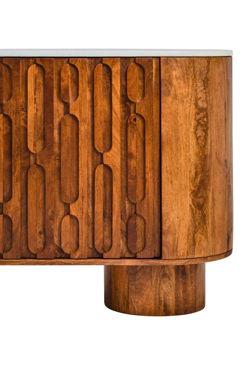 Torcino Marble and Carved Mango Wood Two Door Sideboard