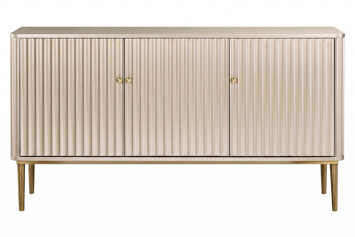 Dusino Champagne Gold Finish Three Door Flute Detail Sideboard