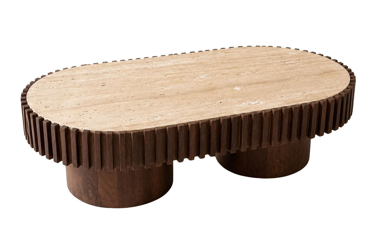 Babel Oval Travertine and Mango Wood Coffee Table