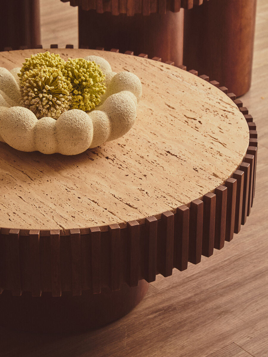 Babel Round Travertine and Mango Wood Coffee Table