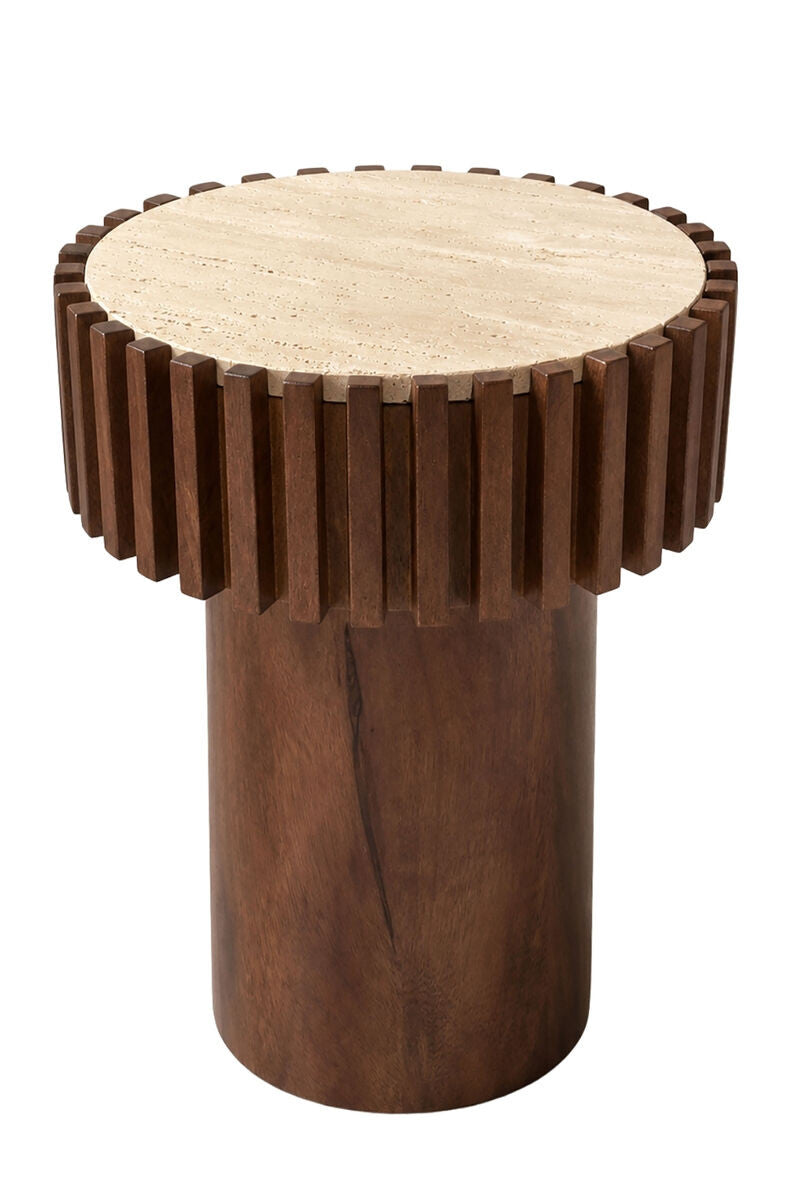 Babel Round Travertine and Mango Wood Side Table