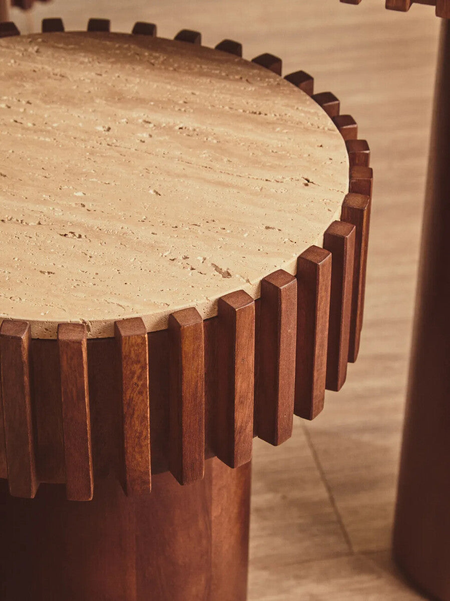 Babel Round Travertine and Mango Wood Side Table