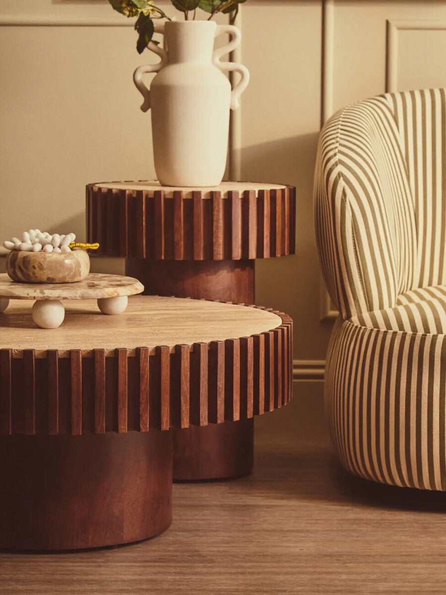 Babel Round Travertine and Mango Wood Side Table