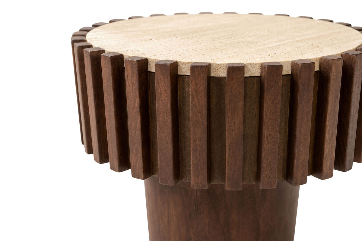 Babel Round Travertine and Mango Wood Side Table
